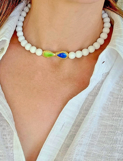 Athena White gemstone Collier with cloisonne beads blue light green