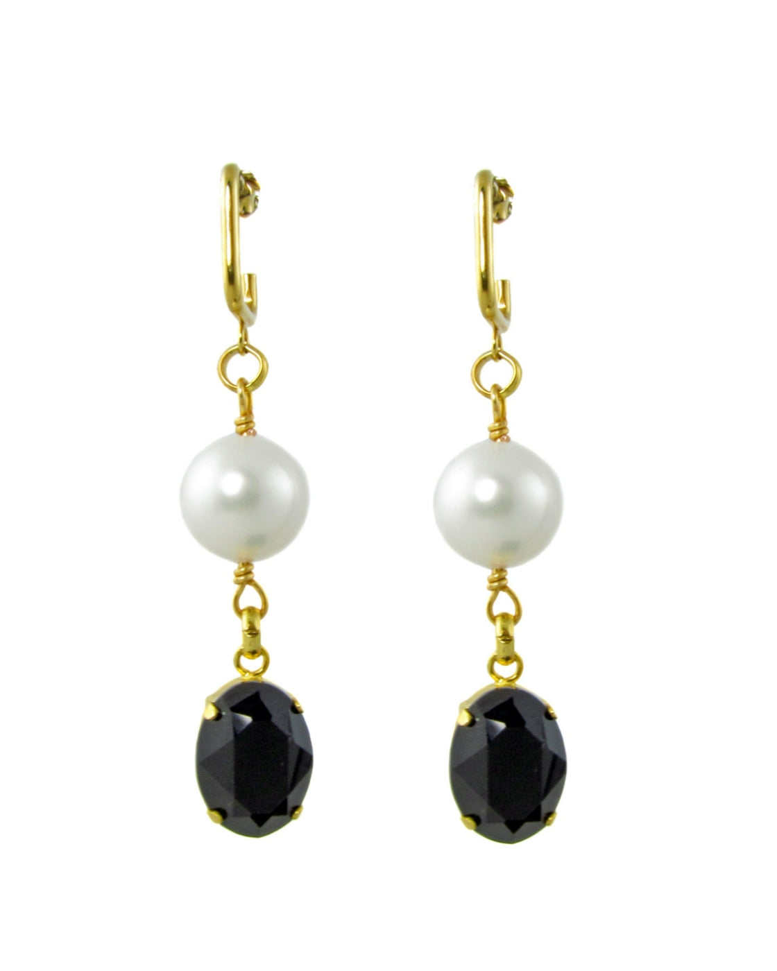 NONI -White pearl and Black swarovski stone drop Earrings -maria-moyseos