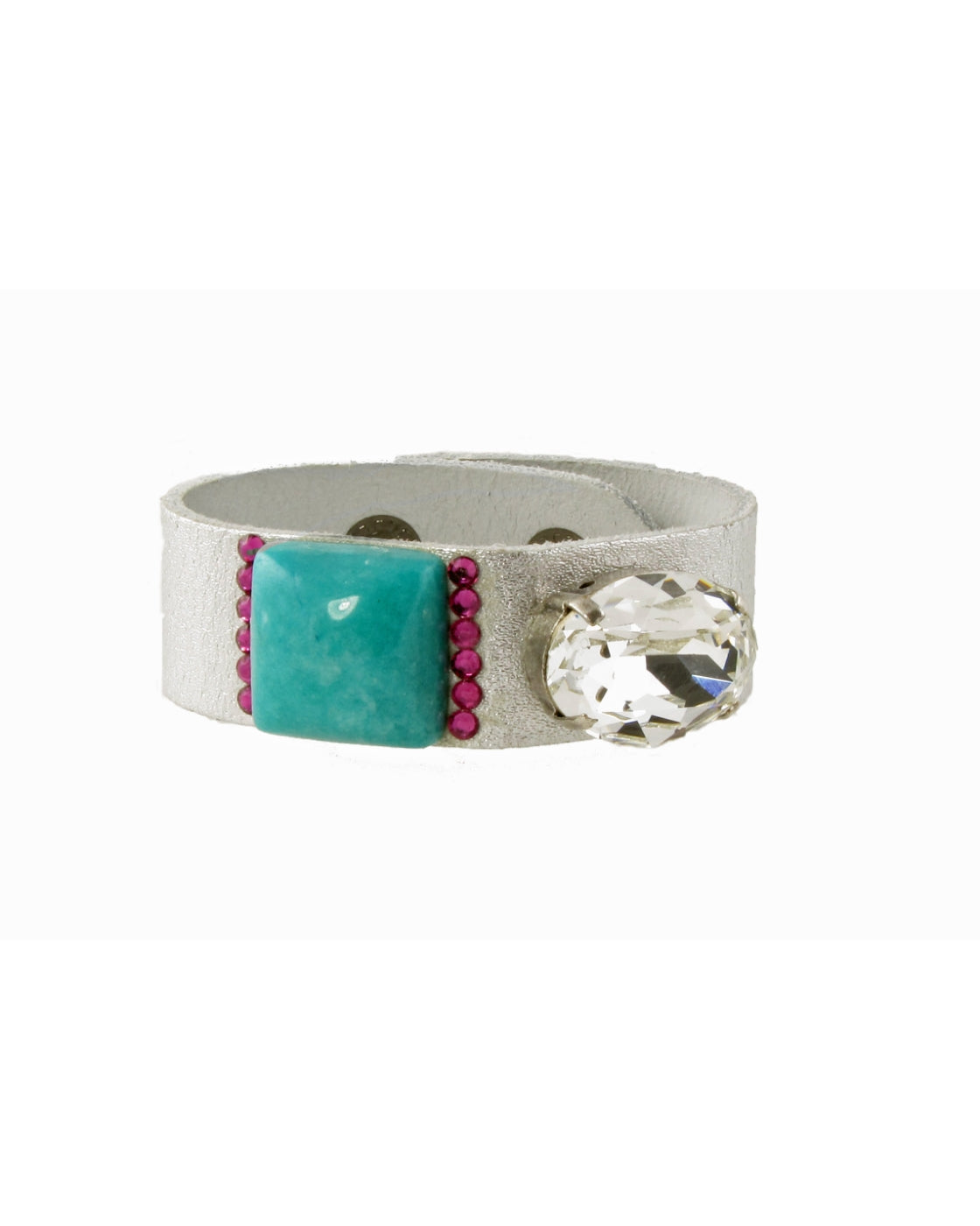 MANIA- Silver leather cuff bracelet with swarovski crystal and gemstone -maria-moyseos
